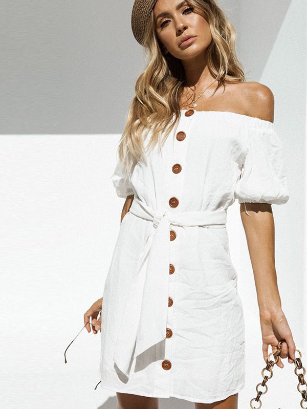 Off-The-Shoulder Buttoned Dress