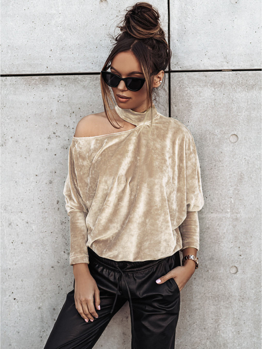 Velvet Shoulder Cutout Top