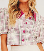 Load image into Gallery viewer, Plaid Puff Sleeve Button Down Crop Top
