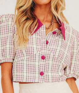 Plaid Puff Sleeve Button Down Crop Top