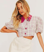 Load image into Gallery viewer, Plaid Puff Sleeve Button Down Crop Top
