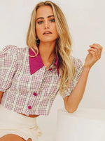 Load image into Gallery viewer, Plaid Puff Sleeve Button Down Crop Top
