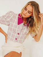 Load image into Gallery viewer, Plaid Puff Sleeve Button Down Crop Top
