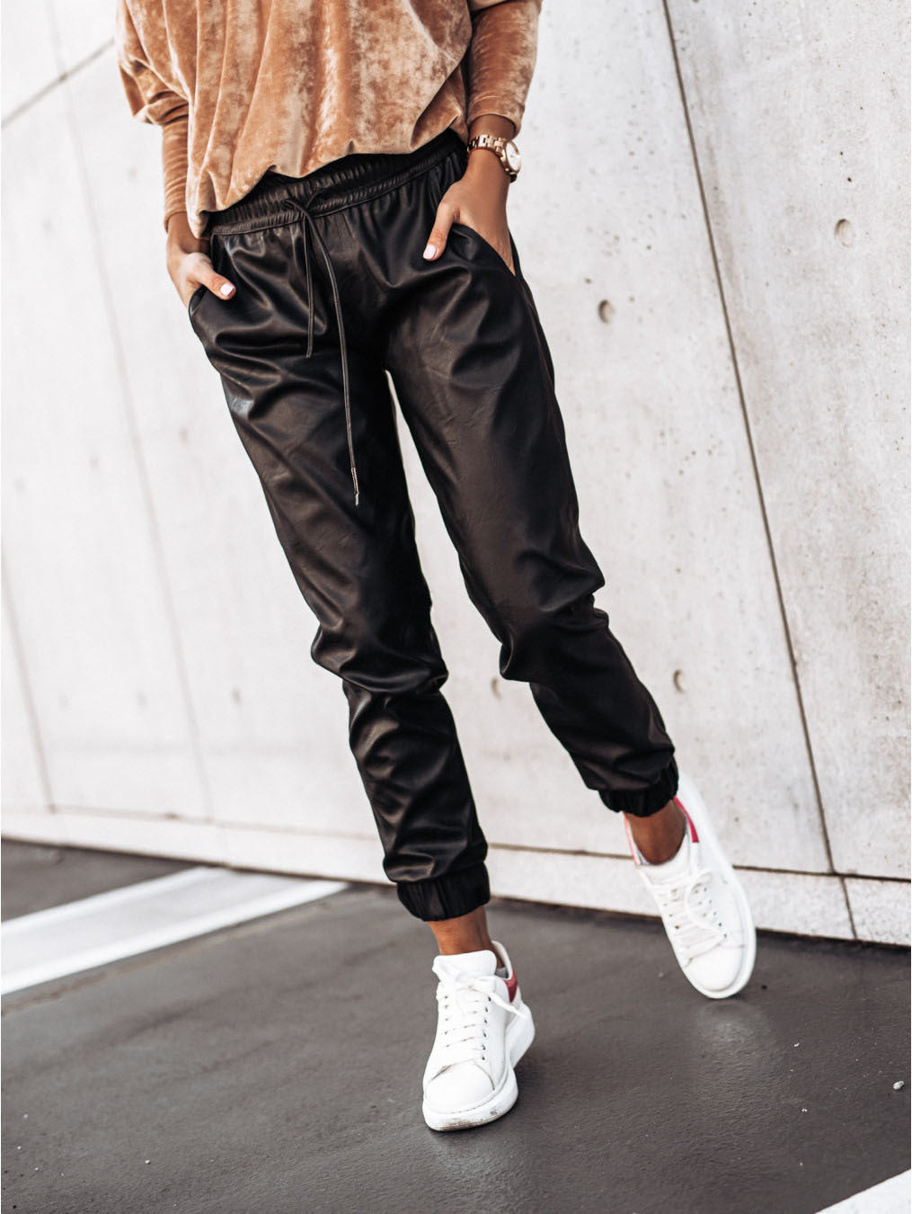 Pocketed Drawstring Faux Leather Joggers