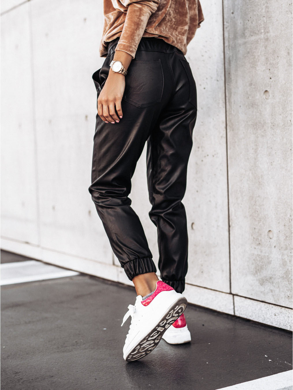 Pocketed Drawstring Faux Leather Joggers