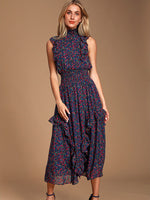 Load image into Gallery viewer, Floral Mock Neck Ruffle Midi Dress
