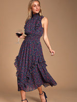 Load image into Gallery viewer, Floral Mock Neck Ruffle Midi Dress
