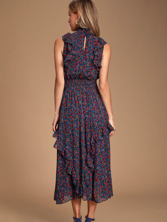 Floral Mock Neck Ruffle Midi Dress