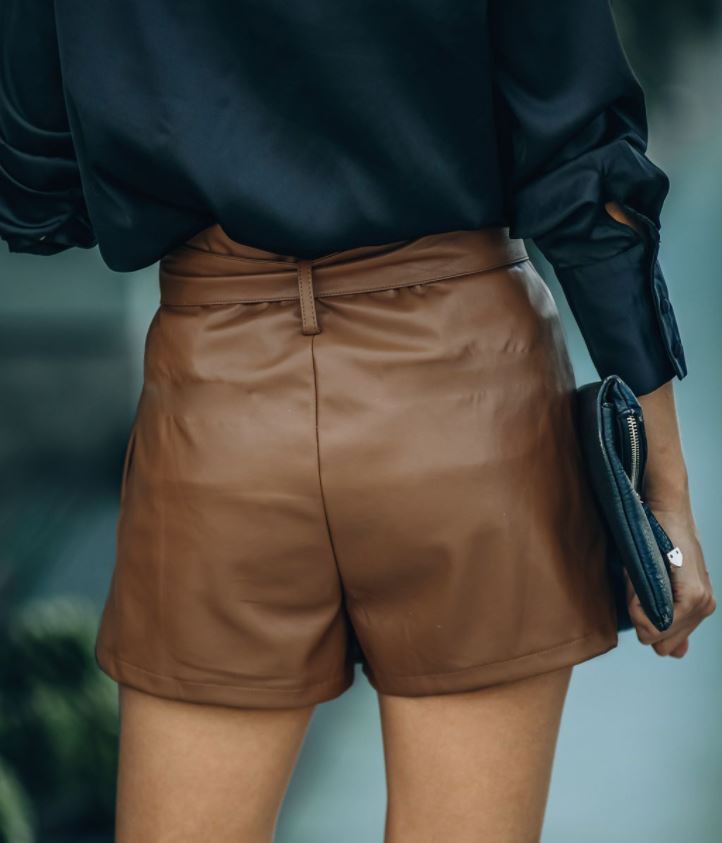 Caramelo Faux Leather Shorts  Self Belted High Waist – Dhianne Co.