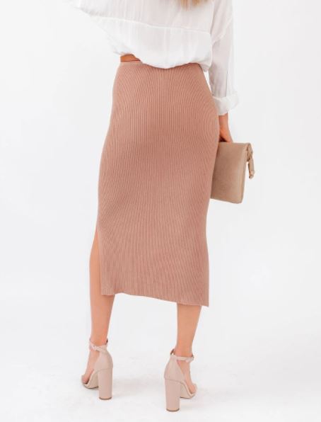 Ribbed Knit Slit Midi Skirt