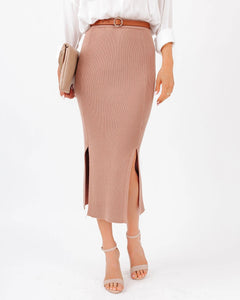 Ribbed Knit Slit Midi Skirt