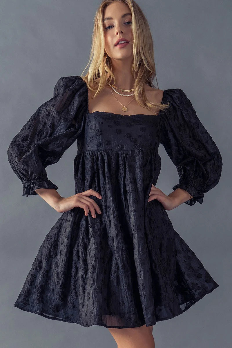 black embroidered flowers topstitching long sleeve mini dress Vine Floral Embroidered Long Sleeve Mini Dress Disturbia