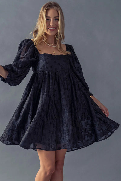 black embroidered flowers topstitching long sleeve mini dress Embellished Mini Dress With Open Back and Beaded Flowers 46005