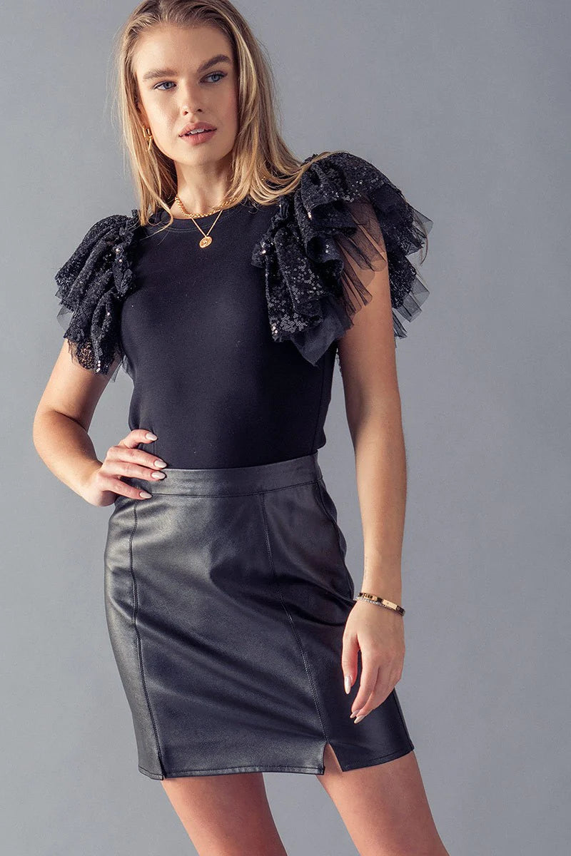 Night Out Sequin Ruffle Sleeve Top