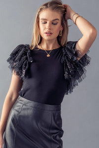 Night Out Sequin Ruffle Sleeve Top